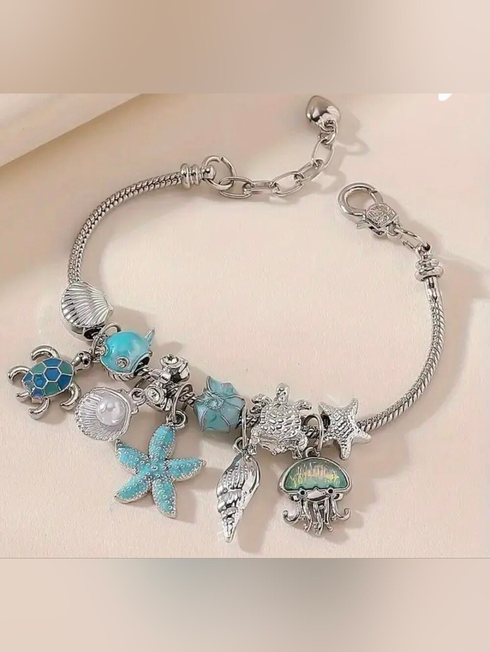 925/copper Sea Life Charm Bracelet W/ Starfish Turtle Conch Shell ++ - Picture 1 of 4
